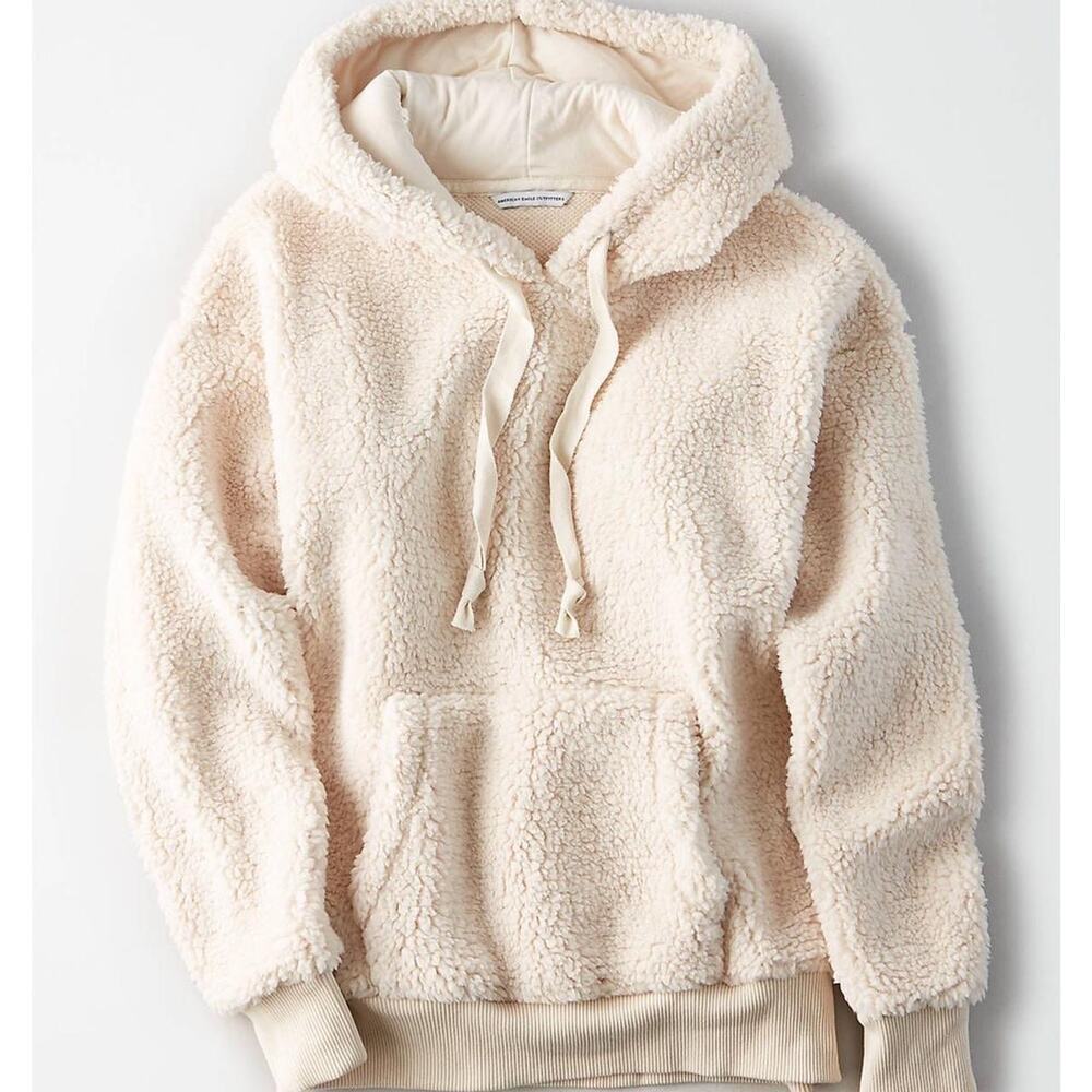 American Eagle Sherpa Fleece Hoodie Pullover in Beige Women's Medium